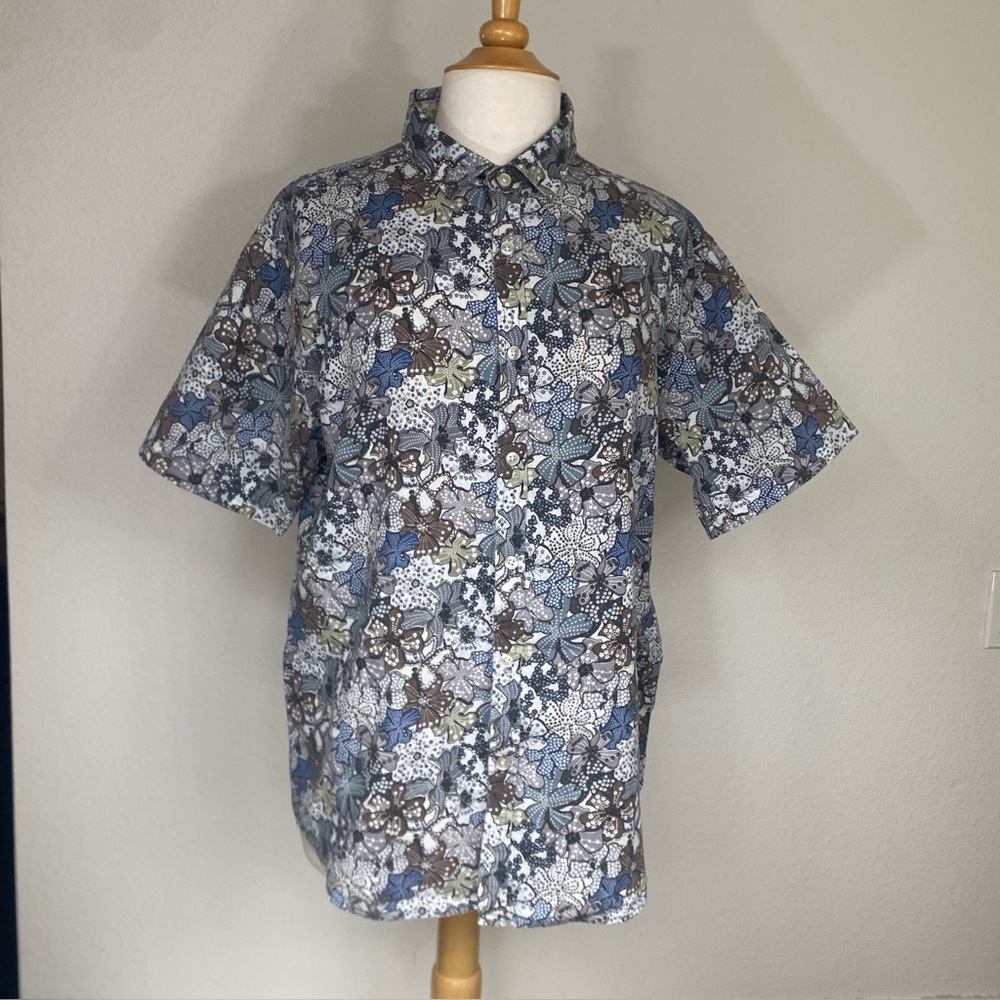 Verdo Men's Blue Tan Floral Linen Cotton Short Sleeve Button Shirt Size Large